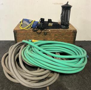 (3) Garden Hoses, Outdoor Wooden Storage Box / 32&rdquo;Lx16&rdquo;Wx1&rsquo;H, Pulleys, Space Heater & More