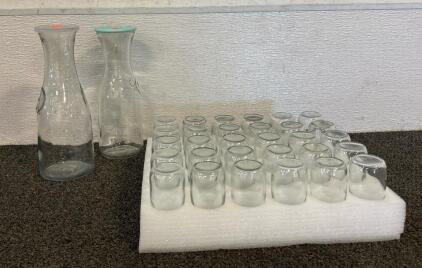 (30) New Glass Immune Shot Bottles And (2) Milk Pitchers