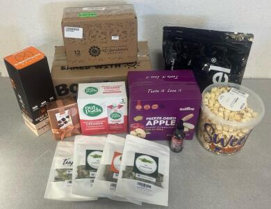 Packaged Foods Including Huel Black Edition Protein Powder Meal Replacement Shake, Bobs Stuff&rsquo;d Oat Bites (30Ct), Freeze Dried Apple, Double Chocolate Cherry Cookies, Beef Sticks, Nut Pods Creamer & More