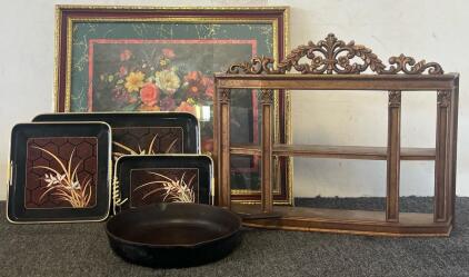No. 10 Cast Iron Pan, Framed Floral Art, Hanging Display Shelf & Japanese Serving Trays