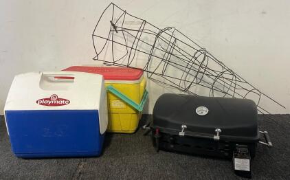Portable Gas Grill, Igloo Coolers & Tomato Cages