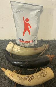 (2) Powder Horns, Spit Patch & Choline L-Bitartrate