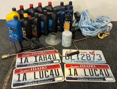 (14) Bottles Of Auto-Fluids (Sealed), 6-Ton Bottle Jack, Donaldson Fuel Filter, Shock Absorbing Strap, License Plates Etc.