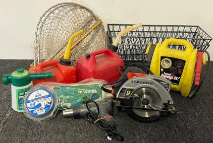 BLACK+DECKER 7-1/4-Inch Circular Saw W/ Laser, Preston&rsquo;s Portable Battery Jump Starter, (2) Gas Cans, (2) Fishing Nets, (2) Flower Planter Holders & More