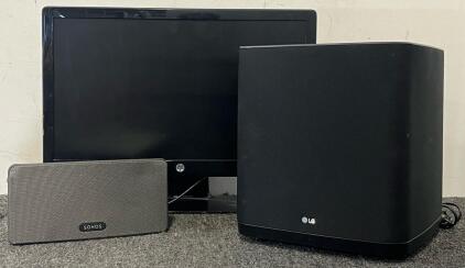 Hp Computer Monitor, LG Wireless Active Subwoofer Model No. SPJ9B-W & Sonos PLAY:3 Wireless Smart Home Speaker