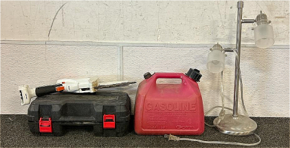 Side Lamp, (1) 1/2 Gallon Gasoline Can, And Power Chain Saw