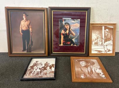5 Different Reprint Pictures- Including &ldquo;The Cowboys John Wayne Movie Print Poster(16 Inches X 13 1/4 Inches), an Indigenous Woman By A Body Of Water(23 3/4 Inches X 19 1/4 Inches), Roy Rogers (16 Inches X 13 1/4 Inches), And More