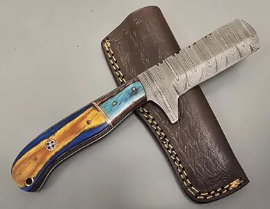 Handmade Damascus Steel Knife With Custom Blade Shape And Leather Sheath