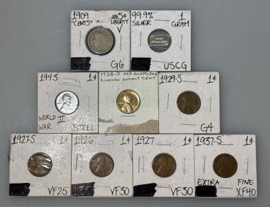 1909 Liberty V-Nickel, 1G Silver Bar, 1943 WWII Steel Penny, 1938-S Gold Plated Wheat Penny (5) Wheat Pennies