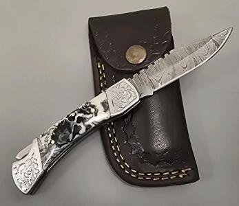 Handmade Damascus Steel Locking Pocket Knife With Leather Sheath