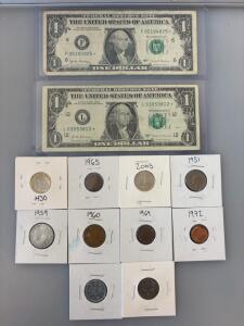 Rare World Coins Lot &ndash; 1930 to 2005 &ndash; 9 Coins from Multiple Countries &ndash; Collectible Vintage & Modern Including (2) Star Note Dollar Bills