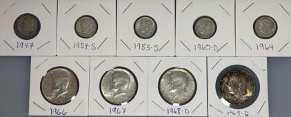 (5) Silver Dimes Including (4) Kennedy Half Dollars