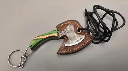 Handmade Mini Hatchet Keychain With Leather Sheath And Necklace Rope