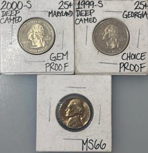 1999-S Georgia State Quarter Choice Proof, 2000-S Maryland State Quarter Deep Cameo Gem Proof, Jefferson Nickel MS66