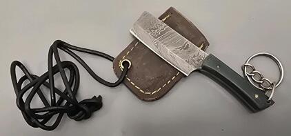 Handmade Damascus Steel Mini Cleaver Keychain With Leather Sheath