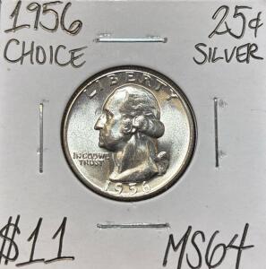 1956 MS64 CHOICE SILVER WASHINGTON .25c