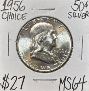 1956 MS64 CHOICE SILVER FRANKLIN &frac12; $1