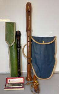 Antique Wooden Recorders, Marine Band 1896 Harmonica, And Faulks Duck Call