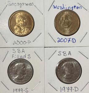2007-D Washington Golden Dollar, 2000-P Sacagawea Golden Dollar, (2) 1979 Susan B Anthony Dollar Coins