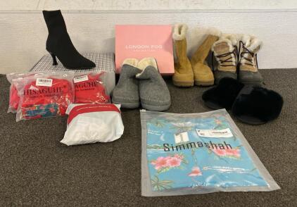 Lot Includes, New 6M London Fog Boots, Newbella Boots, Jessica Simpson Slippers, Bikinis, Hawaiian Shirt, And More