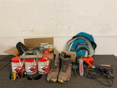 Tool Lot Including Black And Decker Light, Wagner Power Stripper Gun, Tile Spacers, Danner Boots, And More