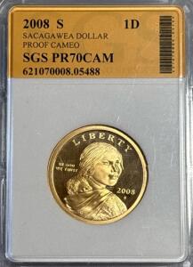 2008-S 1D Gold Tinted Sacagawea Dollar Proof Cameo