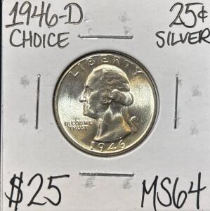 1946-D MS64 CHOICE SILVER WASHINGTON .25c