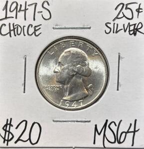 1947-S MS64 CHOICE SILVER WASHINGTON .25c