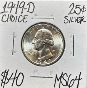 1949-D MS64 CHOICE SILVER WASHINGTON .25c