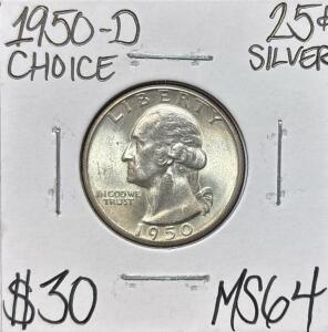 1950-D MS64 CHOICE SILVER WASHINGTON .25c