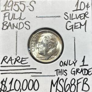 1955-S MS68FB RARE ONLY 1 THIS GRADE SILVER .10c