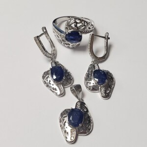 $600 Silver Sapphire Ring Earring And Pendant(8ct) Set