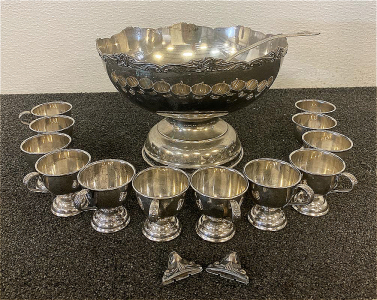 Vintage Silver Punch Bowl With (12) Cups And Ladle