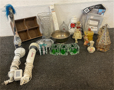 Home Decor Lot Including, Silver Serving Dishes, Christmas Decor, Shower Curtains, Paper Lanterns, Trash Can, Logitech Keyboard, Key-Making Kit, Door Knobs/Handles And More