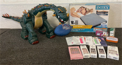 Miscellaneous Lot Including Large Electric Dinosaur, New Intex Queen Air Mattress With Air Pump, Press On Nails And More