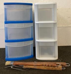 (3) Sterilite Drawers And (3) Starplast Drawers, Plus Grill Tools Set