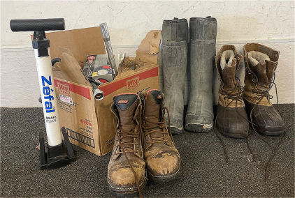 Tool Lot Including Yire Aid Inner Tube, Smart Pump, Dremel, (3) Pairs Of Boots And More
