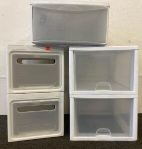 (3) Sterilite Drawers And (2) Bins With Flip Down Lid