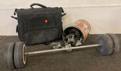 Lot Including, Icon Computer Bag, Tin Of Wheels, Set Of Minitaure Wheels And Axle For Model Car