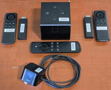 (1) Amazon Fire TV Cube 4k Alexa Compatible (1st Gen) w/ Remote & (2) Amazon FireStick (1st Gen) w/ Remotes [TV NOT INCLUDED]