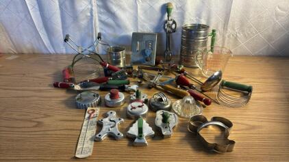 Assorted Vintage / Antique Kitchen Utensils, Beater / Mixer, Cookie Cutters , Kit-Kwik Slicer ,Sifter and more
