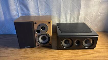 (1) Infinity Compositions Overture Powered Subwoofer (2) Mission -MS-50 Book Shelf Speakers 1 Is Missing The Grill