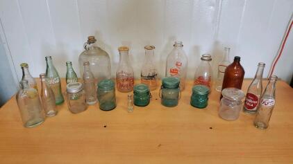 Assorted Vintage Glass Bottles And Blue Mason Jars