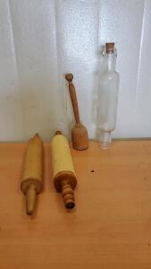 (3) Vintage Wooden Rolling Pins And (1) Vintage Glass Rolling Pin