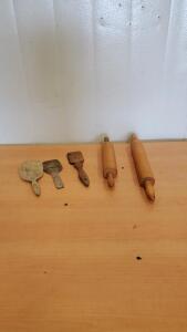 (2) Vintage Wooden Rolling Pins And (3) Vintage Wooden Butter Paddles