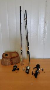 (3) Fishing Rods (4) Fishing Reels And Vintage Tackle Basket