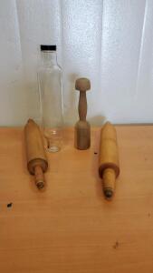 (3) Vintage Wooden Rolling Pins And (1) Vintage Glass Rolling Pin