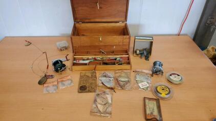 Vintage Fishing Gear And Vintage Wood Tackle Box