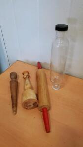 (3) Vintage Wooden Rolling Pins And (1) Vintage Glass Rolling Pin