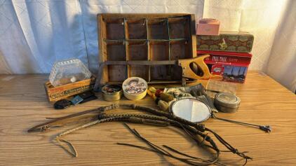 Assorted Old Vintage & Antique Items (1) Antique Fruit Crate (1) Antique Hack Saw (1) Antique Kids Tool Set (3) Vintage Wips and more